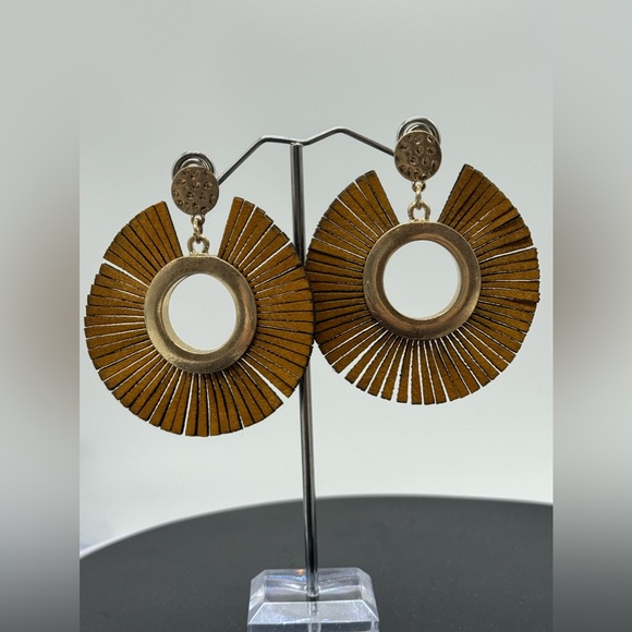 INC Leather Fringe BOHO Circle Gold Tone Post Earrings - Picture 4 of 8